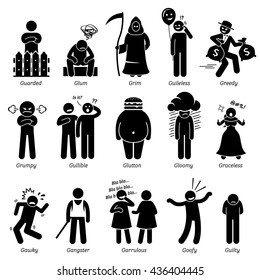 Negative Personalities Character Traits. Stick Figures Man Icons. Starting with the Alphabet G.