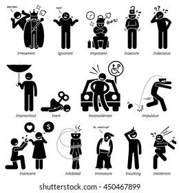 Charaktereigenschaften negativer Personen. Stick Figures Man Icons. Beginnend mit dem Alphabet I.