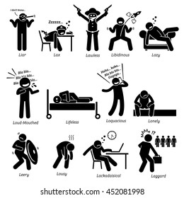 Negative Personalities Character Traits. Stick Figures Man Icons. Starting with the Alphabet L.