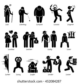Negative Personalities Character Traits. Stick Figures Man Icons. Starting with the Alphabet L.