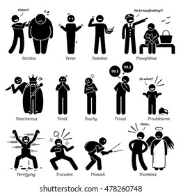 Negative Personalities Character Traits. Stick Figures Man Icons. Starting with the Alphabet T.