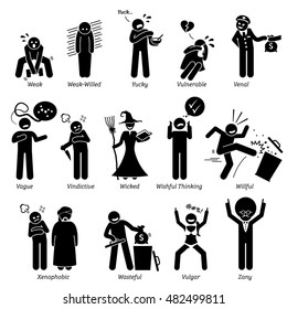 Negative Personalities Character Traits. Stick Figures Man Icons. Starting with the Alphabet V, W, X, Y, and Z.