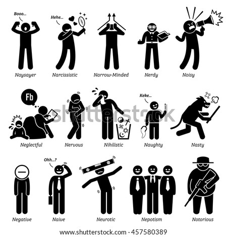 Negative Personalities Character Traits. Stick Figures Man Icons. Starting with the Alphabet N.