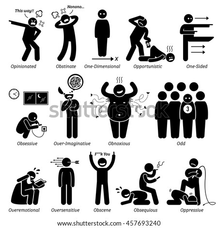 Negative Personalities Character Traits. Stick Figures Man Icons. Starting with the Alphabet O.