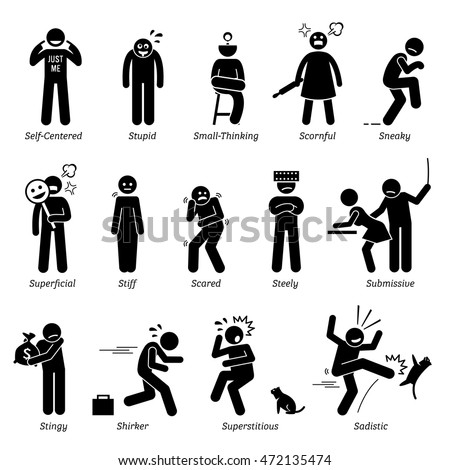 Negative Personalities Character Traits. Stick Figures Man Icons. Starting with the Alphabet S.