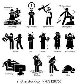 Negative Personality Character Traits. Stick Figure Icons. Starting with the Lettter S.