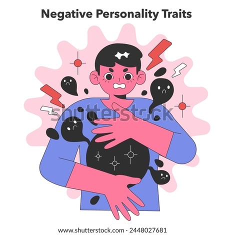 Negative Personality Traits concept. A single figure engulfed by shadows, illustrating the complexity of human emotions and traits. Flat vector illustration.