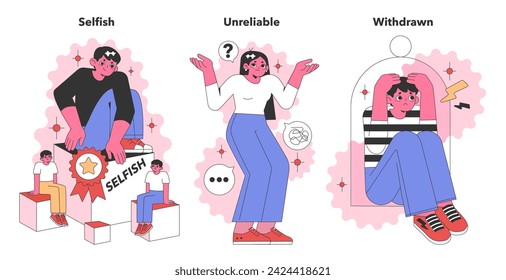 Negative Personality Traits set. Stylized characters representing selfishness, unreliability, and withdrawal. Insights into personal flaws and social behaviors. Flat vector illustration.