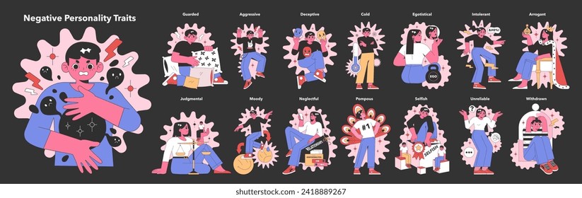 Se han establecido rasgos de personalidad negativos. Varios personajes que representan cualidades desagradables. Ilustraciones de cautela, agresión, engaño. Ilustración vectorial plana.