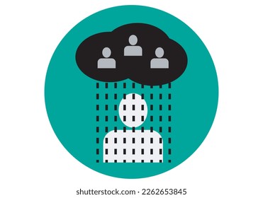 
Negative and pessimistic influence. Black storm cloud with silhouette of three toxic people negatively influencing a person