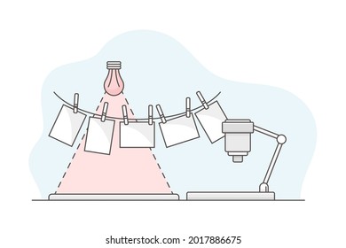 Negative Photos Hanging on Rope in Darkroom with Red Light Bulb Line Vector Illustration