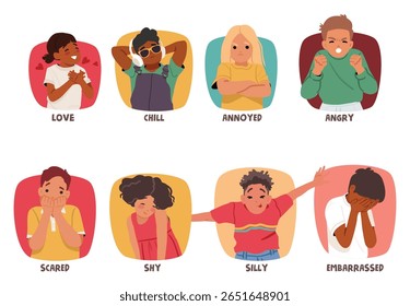 Emoções negativas e positivas para crianças e impressões isoladas com inscrições de texto. Amor, frio, irritado, irritado, assustado, tímido, bobo, envergonhado reação das crianças e humor vetor ilustração