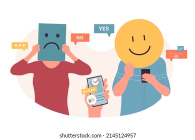 Negative and positive customer feedback. Cartoon community vote, two people holding funny sad angry and happy faces in hand, yes no text flat vector illustration. Satisfaction, network concept