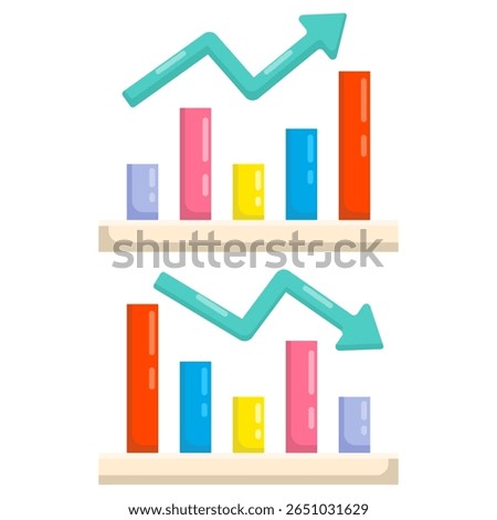 negative or positive dynamic concept. bar chart symbol with green and red arrows indicating up and down movement. Sales trend with arrows pointing up and down. Bar chart with trend.