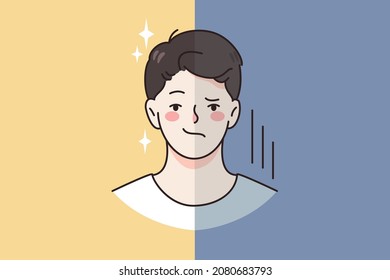 Negative and positive emotions concept. Face of young man with sides of positive smile and angry disappointment expression vector illustration 