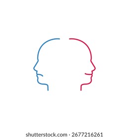 Concepto de emociones negativas y positivas, dos siluetas lineales de la cara, colores azul y rojo Ilustración vectorial simple 