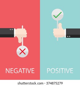 Negative And Positive Feedback By Hand With Sign Check And Cross. Flat Design For Business Financial Marketing Advertisement Office People Life Commercial Background In Concept Cartoon Illustration.