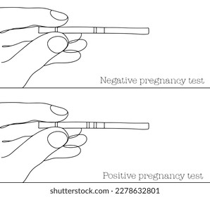 Prueba de embarazo negativa y positiva en mano. Tira de prueba. Un dibujo de línea para diferentes usos. Ilustración del vector