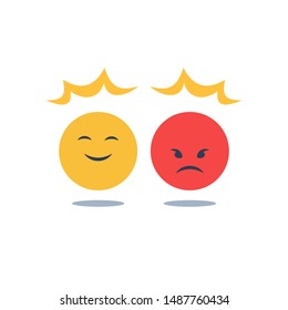 Negative or positive reaction, good or bad attitude, bias thinking, opposite social opinion, customer service, mood swing, emotion disorder and control, smile or angry emoji, vector flat design