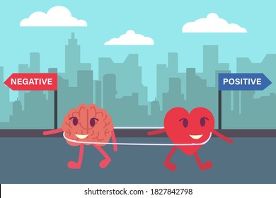 Negative or positive thinking decision vector concept: Heart and brain walking opposite to negative and positive signpost