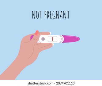 Prueba de embarazo negativa con una franja. Texto no preñado. Prueba de retención manual de mujeres. Ilustración plana vectorial.