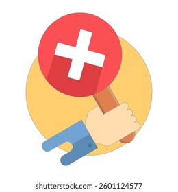 Negative Response Concept. Holding Hands Banner with Cross Sign. Plaque with hand holding cross sign. Swinging sign. Flat Illustration Design on background.