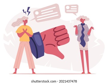 Negative Response Thumbs Down Dislike Concept. Social Media Bad Review, Haters Dislike Feedback Vector Illustration Set. Finger Down Negative Response Concept. Women Writing Angry Comments