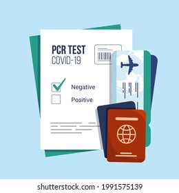 Negative result on PCR test for Covid-19, passport with airline boarding pass tickets. Travel to new requirements. Covid-19 prevention. Health care concept. Vector illustration