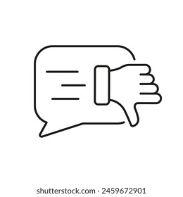 Reseña Negativa, Icono De Línea De Comentarios Defectuosa. Pulgar Hacia Abajo Con La Burbuja Del Habla. Pictograma lineal Cliente decepcionado. El Cliente No Está De Acuerdo, No Le Gusta El Símbolo De Esquema. Trazo editable. Ilustración vectorial aislada.