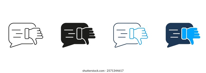 Negative Review, Bad Feedback Line and Silhouette Icon Set. Thumb Down With Speech Bubble. Disappointed Customer Pictogram. Dislike Symbol. Editable Stroke. Isolated Vector Illustration.