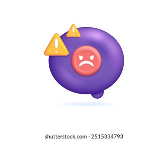 revisão negativa e conceito de reclamação. resposta ou comentário de cliente ou cliente irritado e insatisfeito. ilustração de bolha de chat com emoticon irritado e sinal de aviso. ícone. estilo 3d minimalista