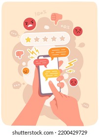 Negative Review Feedback Comments On Mobile Cell Phone App. Online Social Network Chat Rant. Bad Rating, Angry Clients, Customer Complaints, Dislike. Opinion Service Concept Flat Vector Illustration