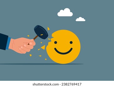 Negative review for product. Uses hammer and attack emoji sign. Vector illustration.