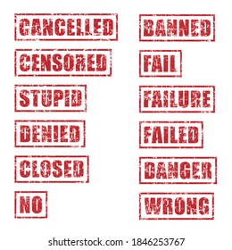 Icono de sello de goma negativo. Textura de estilo de Grunge. Sello censurado de vintage rojo. Etiqueta de sticker cancelada de edad y dañada. Cartel prohibido destrozado. Aislado sobre fondo blanco. Imagen de la ilustración del vector.