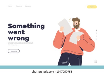 Negative shock emotion concept of landing page with shocked man reading paper document. Unhappy surprised cartoon business male character hold bills, receipt or dismissal letter. Vector illustration