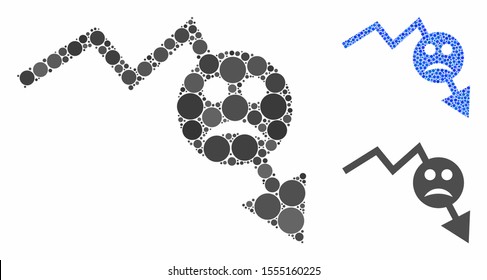 Negative smiley trend composition of spheric dots in variable sizes and color tones, based on negative smiley trend icon. Vector dots are combined into blue illustration.