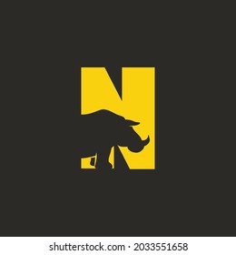 Negative space alphabet initial icon logo N with a design of a Rhinoceros