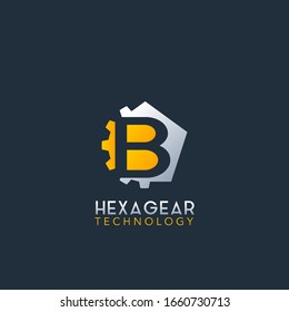 Negative Space B Letter Logo, Techno Hexagonal Gear Vector Design Logo Template