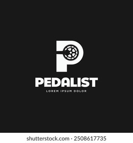 Negative space bicycle crank on letter P logo. P monogram Bike shop icon, sign, symbol vector illustration.