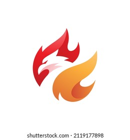 Negative space bird head, fire flame logo design. Modern gradient phoenix firebird vector icon