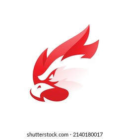 Espacio negativo cabeza de pájaro y fuego rojo, diseño del logo de la llama, icono del vector de halcón fénix o águila