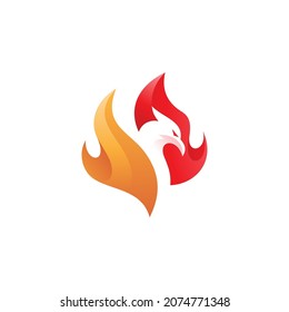 Negative space bird phoenix head and fire flame vector logo icon with modern gradient color style