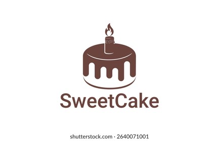 Negative space chocolate melting cake logo with candle design vector template