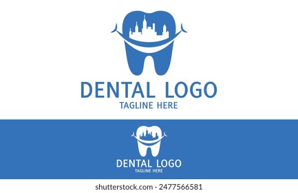 Negative Space City Blue Color Dental Smile Tooth Logo Concept Design