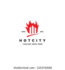 negative space city building in fire flame logo icon vector inspiration