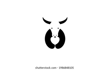 negative space cow with love logo symbol icon vector graphic design illustration
