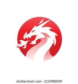 Negative space dragon head fire breath in a circle shape logo design. Dragon head vector icon with modern gradient color style