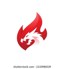 Negative space dragon head and fire flame logo design, fire dragon vector icon