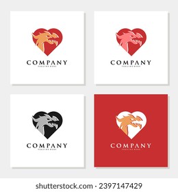 Negative space dragon head in a heart shape logo design vector