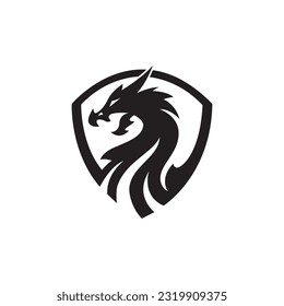 Negative space dragon head in shield shape logo design.